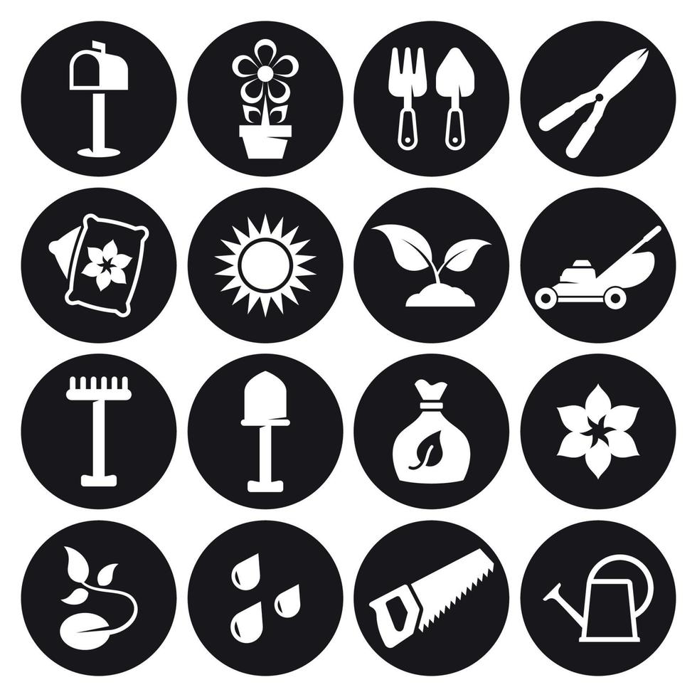 Gardening tools icons set. White on a black background vector