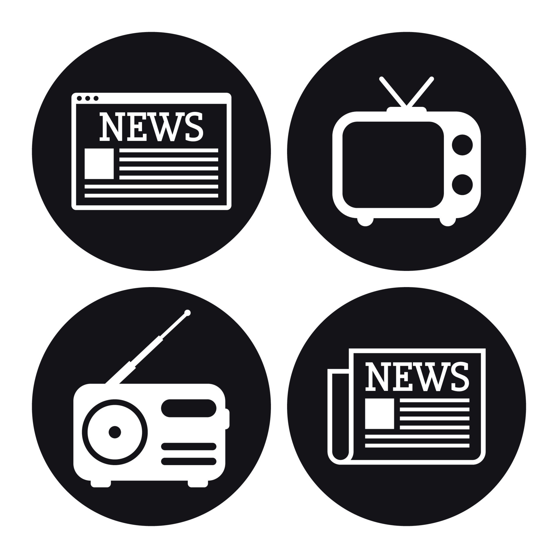 conjunto de iconos de noticias. periódico, tv, radio, sitio web. blanco