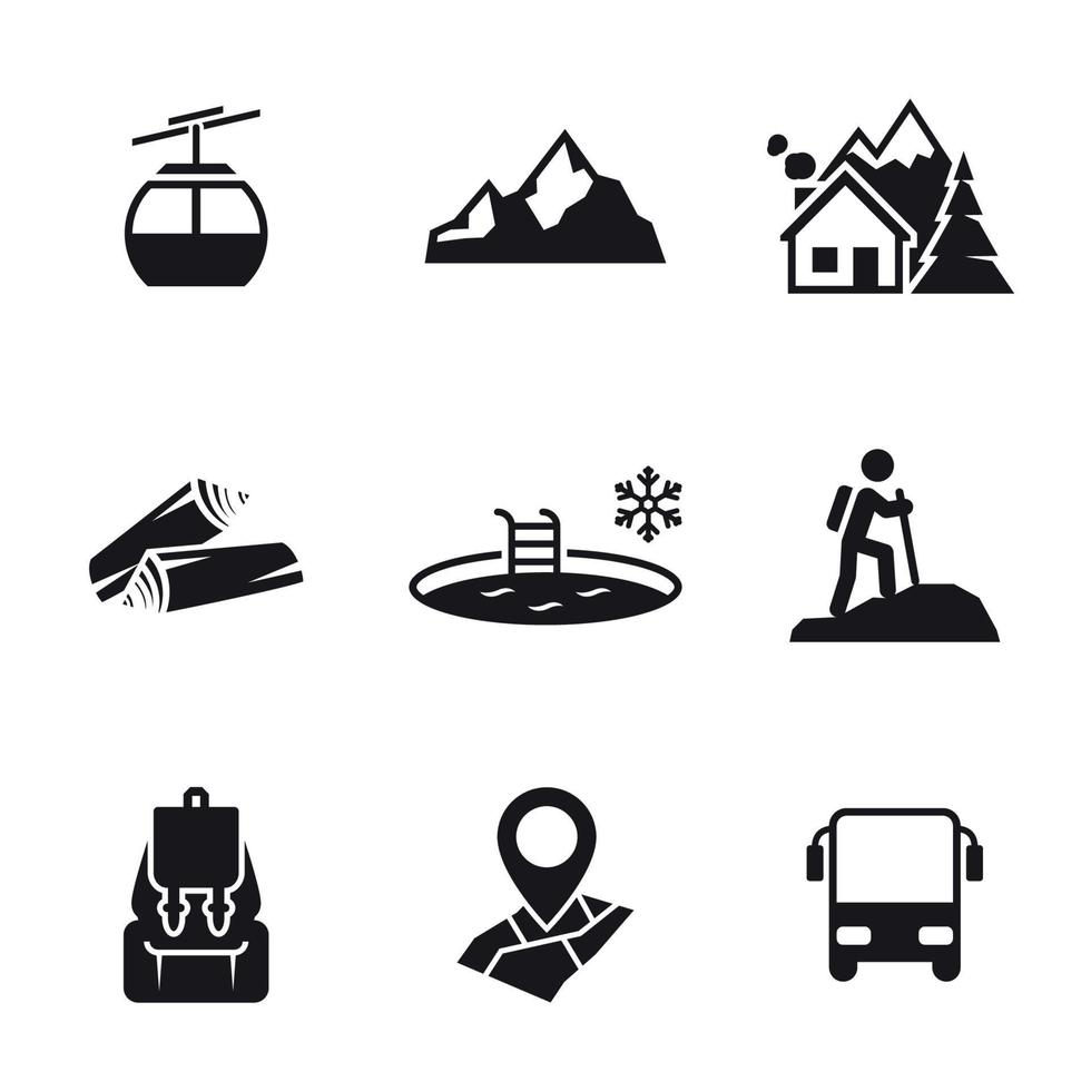 iconos de recreación de montaña. Negro sobre un fondo blanco vector