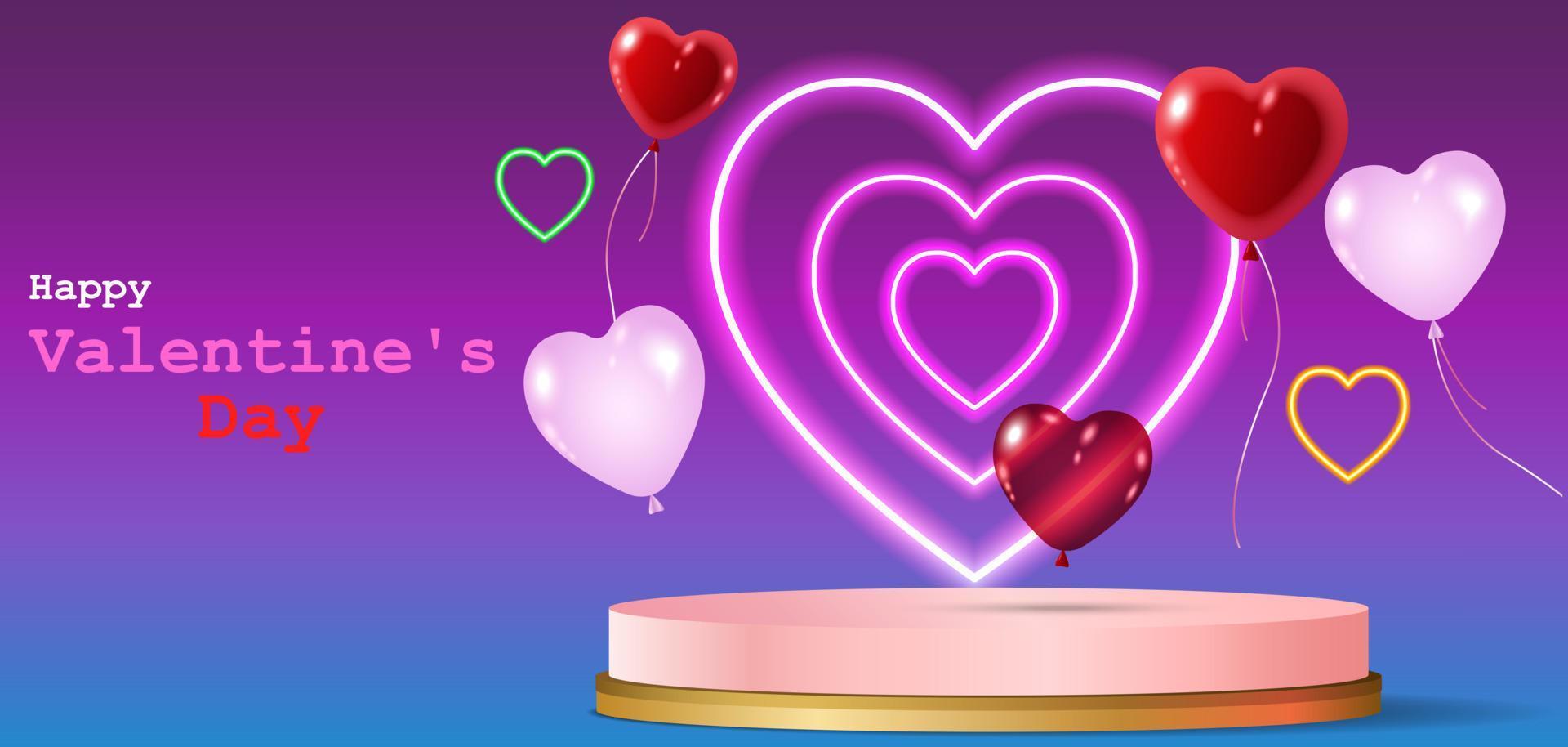 Happy Valentine's Day poster. Holiday background with red and pink balloons, neon heart, round stage, and pink podium. vector