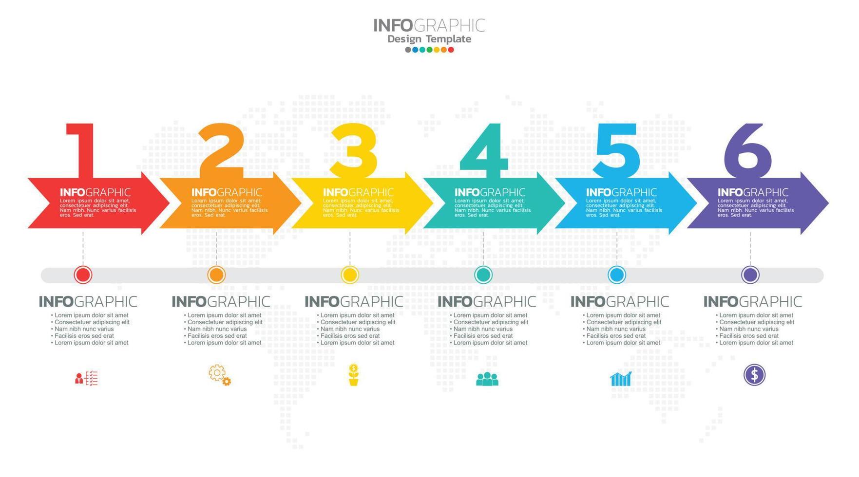 El vector infográfico de línea de tiempo con 6 pasos se puede utilizar para el diseño web del informe anual del diagrama de diseño de flujo de trabajo.