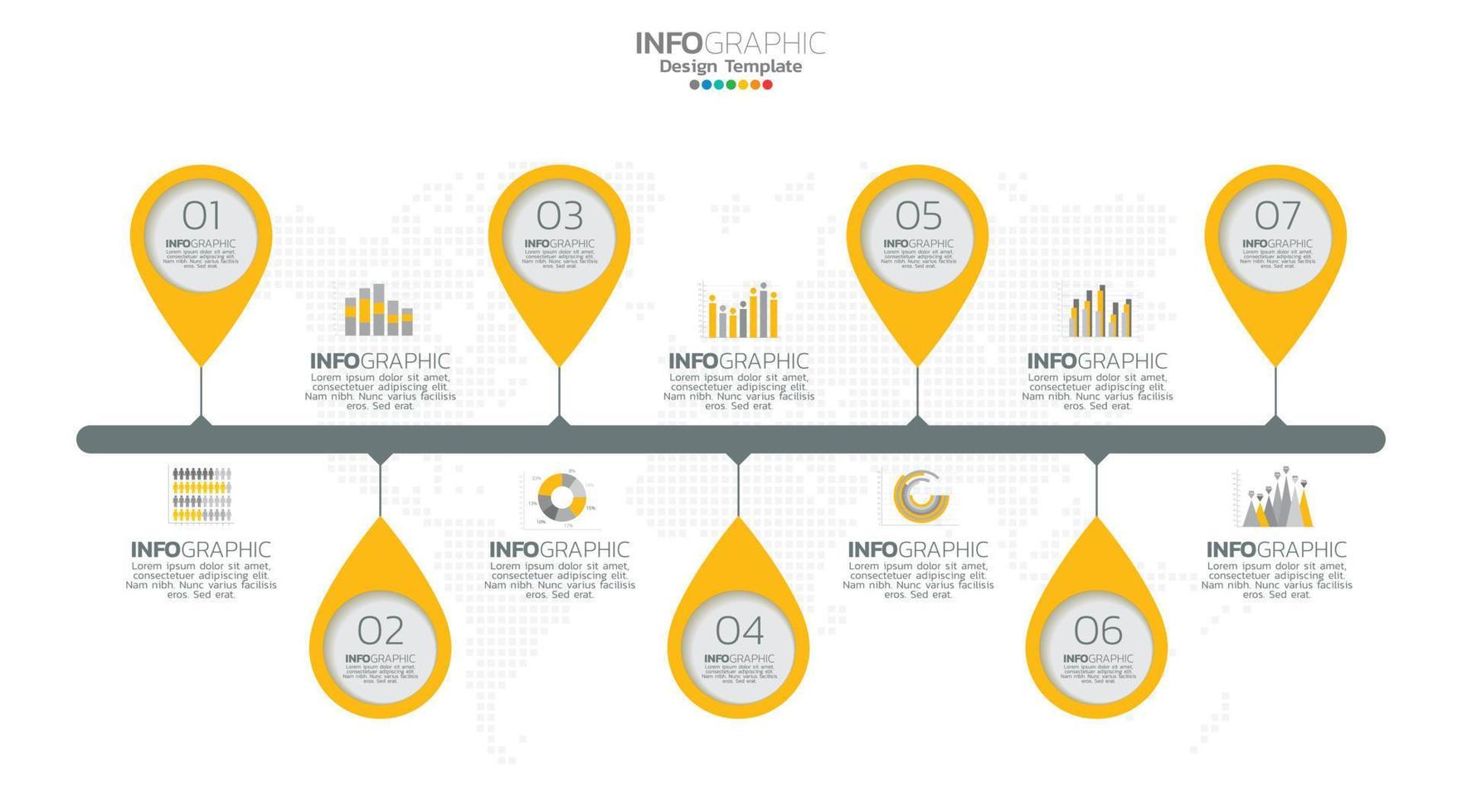 El vector infográfico de línea de tiempo con 7 pasos se puede utilizar para flujo de trabajo, diseño, diagrama, informe anual, diseño web.