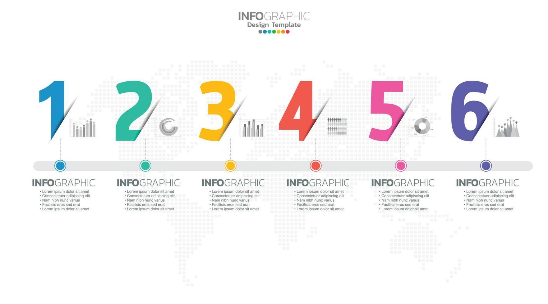 El vector infográfico de línea de tiempo con 6 pasos se puede utilizar para el diseño web del informe anual del diagrama de diseño de flujo de trabajo.