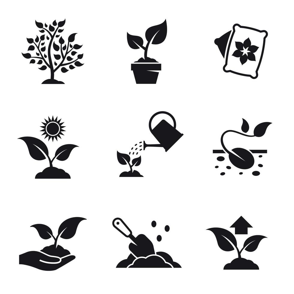 conjunto de iconos de cultivo de plantas. Negro sobre un fondo blanco vector