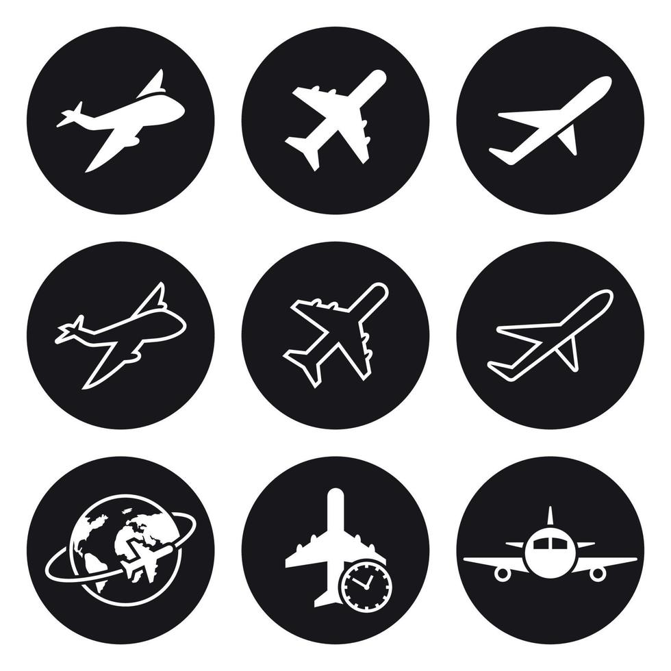 Plane icons set. White on a black background vector