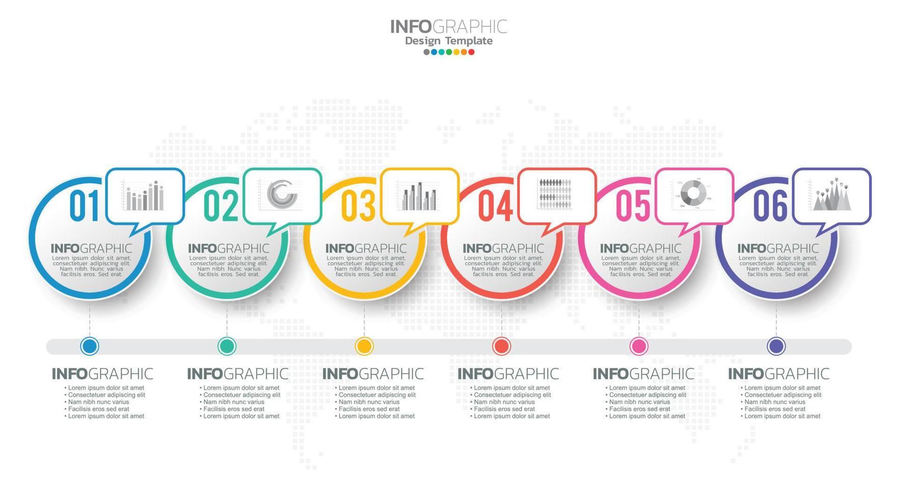 El vector infográfico de línea de tiempo con 6 pasos se puede utilizar para el diseño web del informe anual del diagrama de diseño de flujo de trabajo.