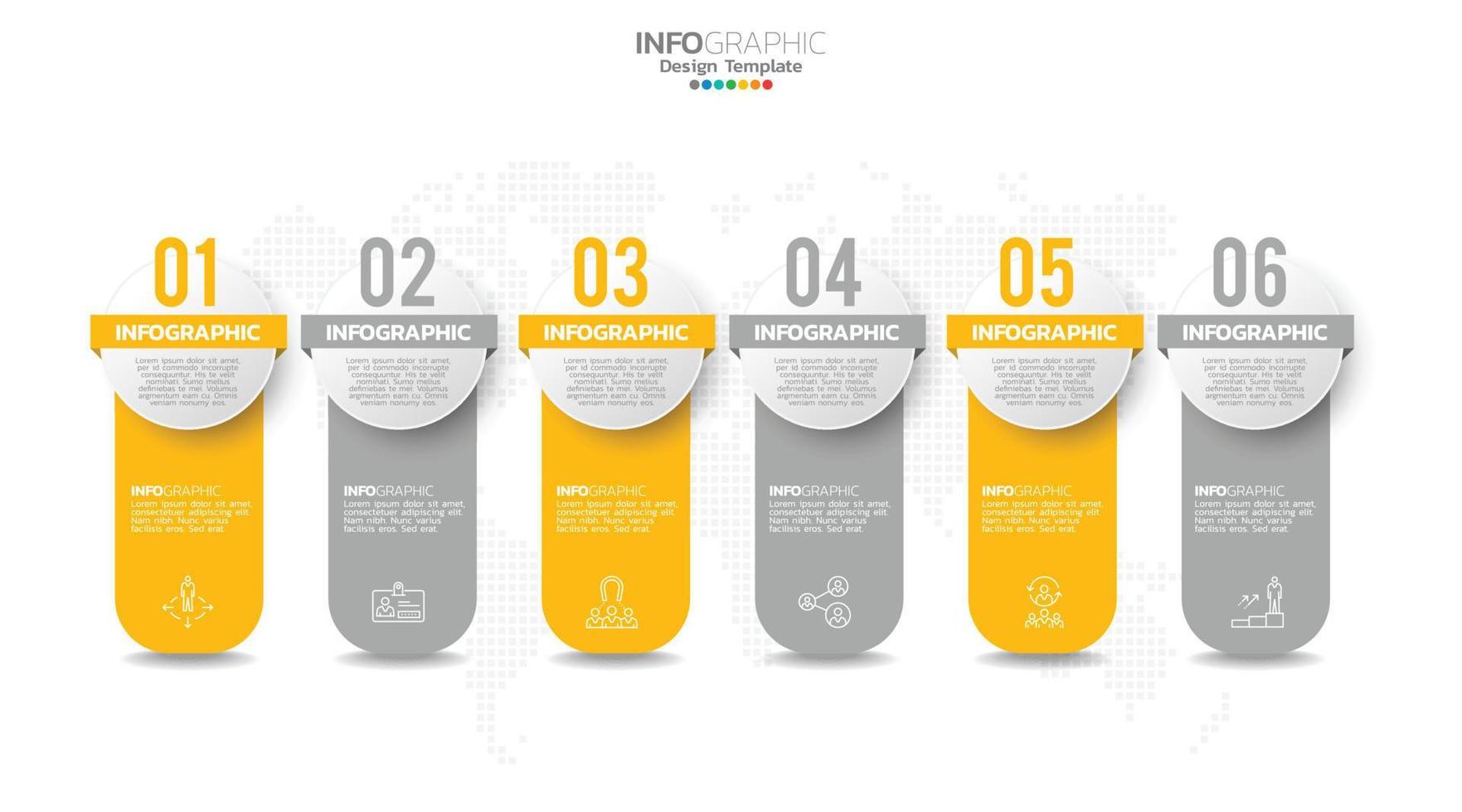 El vector infográfico de línea de tiempo con 6 pasos se puede utilizar para el diseño web del informe anual del diagrama de diseño de flujo de trabajo.