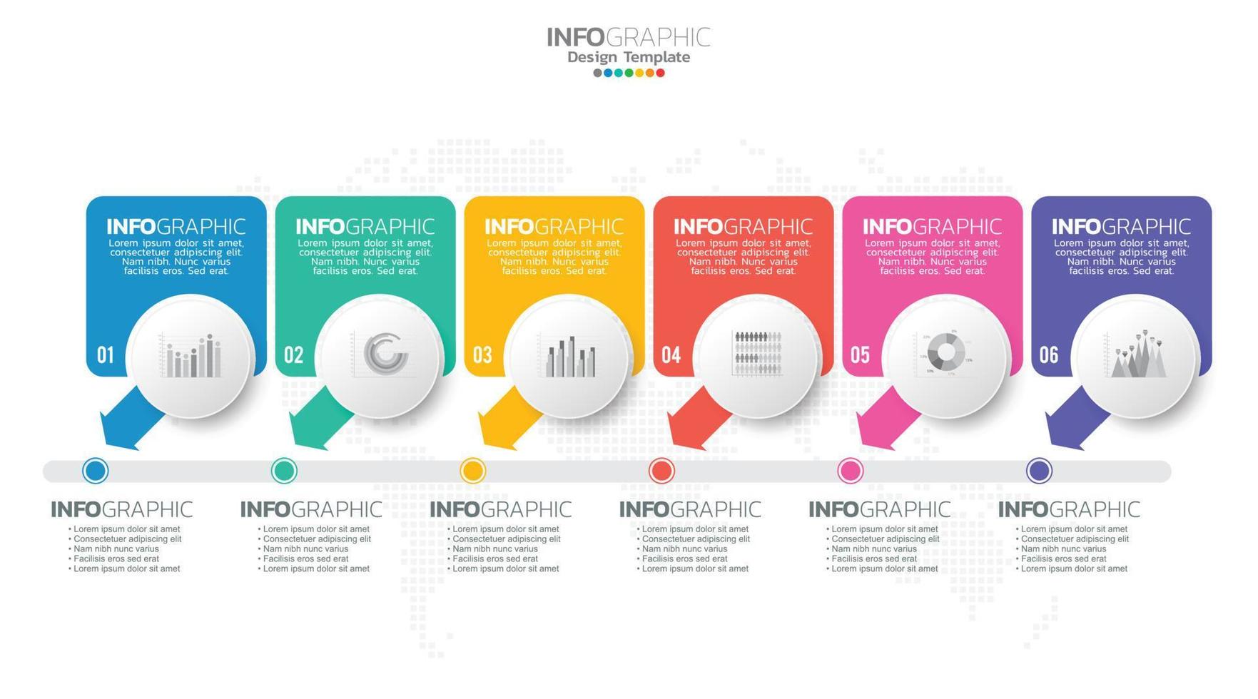 El vector infográfico de línea de tiempo con 6 pasos se puede utilizar para el diseño web del informe anual del diagrama de diseño de flujo de trabajo.