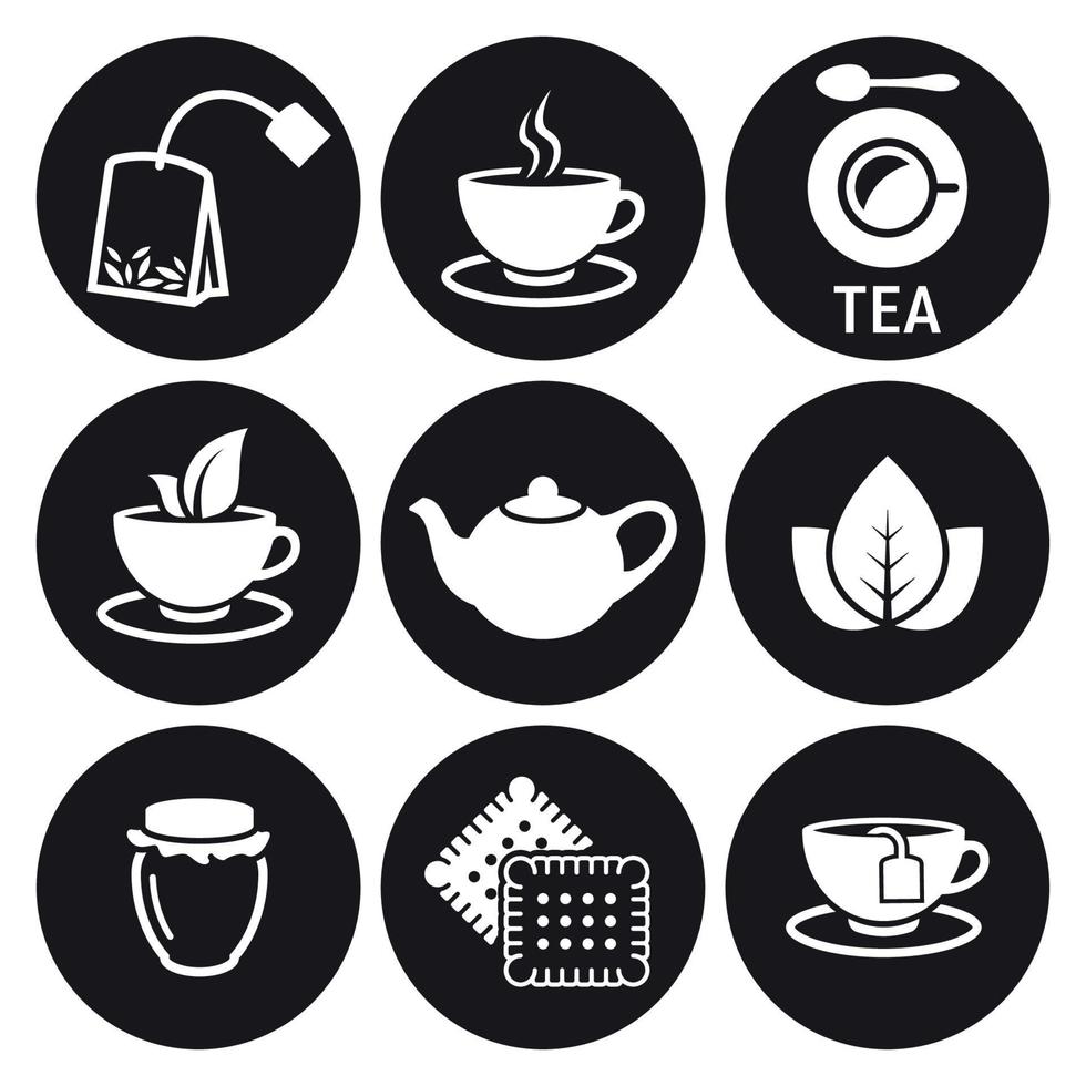 conjunto de iconos de té. blanco sobre un fondo negro vector