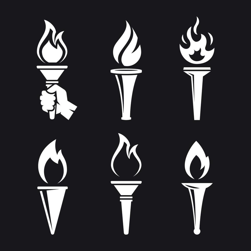 conjunto de iconos de antorcha. blanco sobre un fondo negro vector