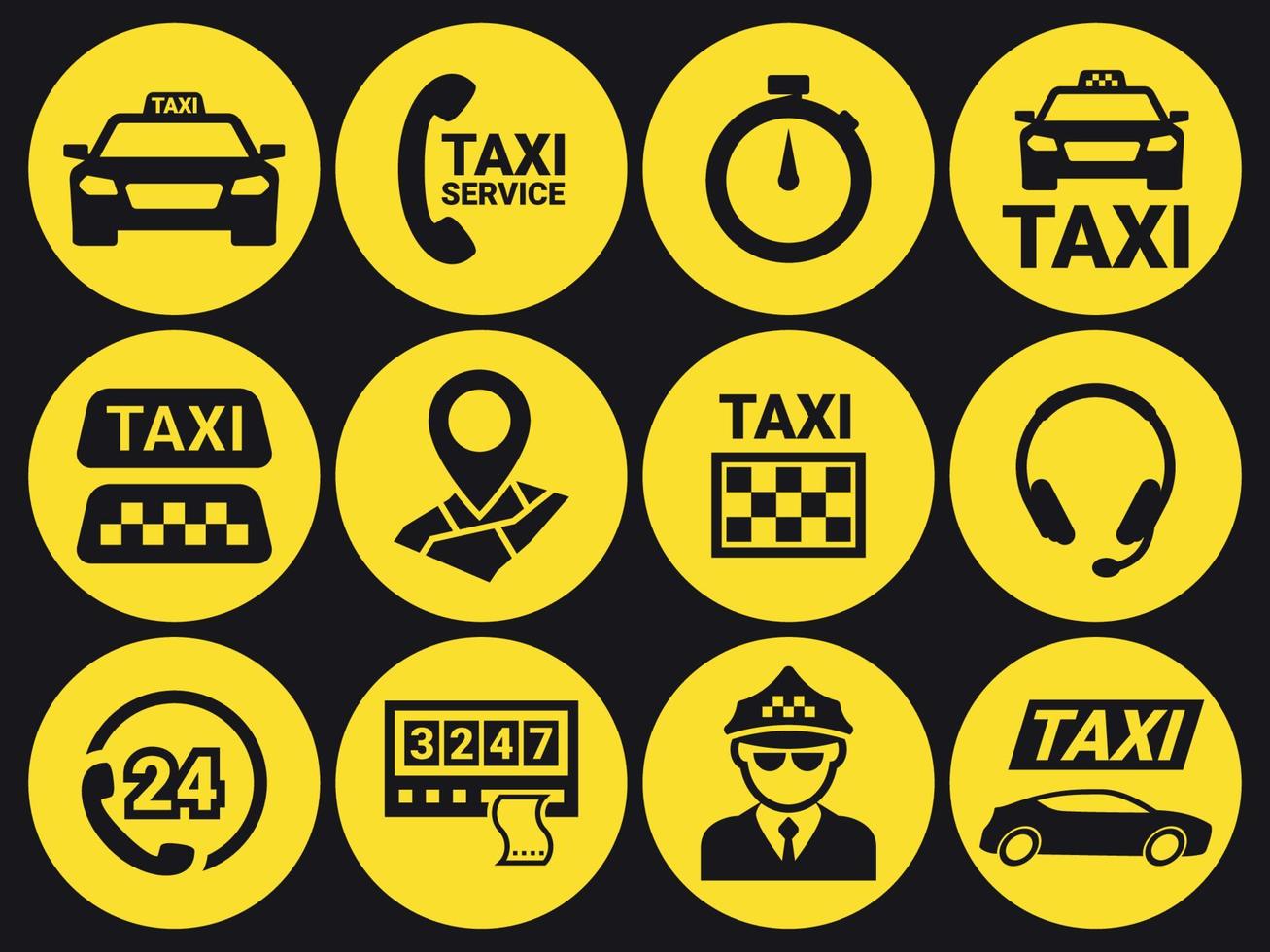 Taxi icons set. Black on a yellow background vector