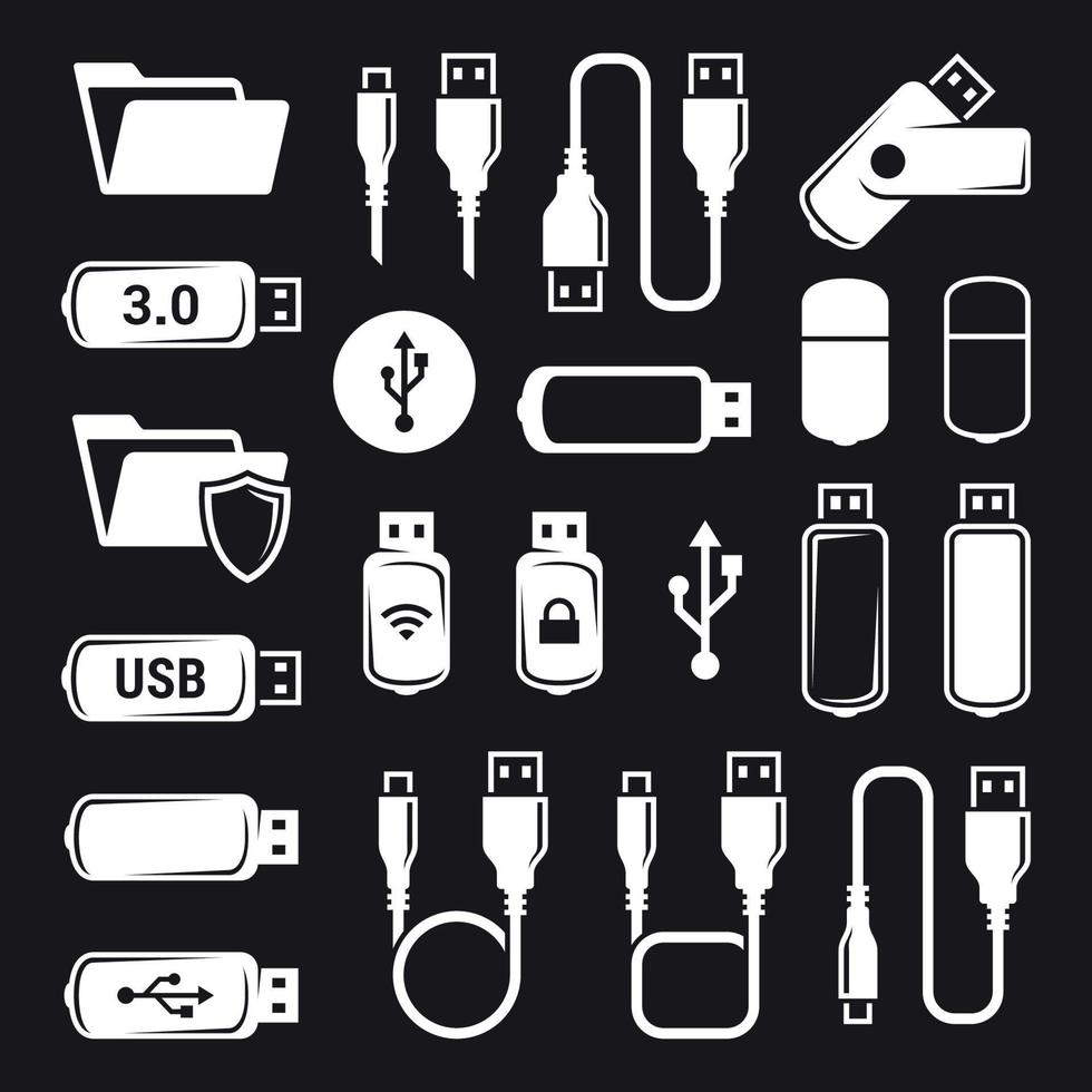 conjunto de iconos usb. blanco sobre un fondo negro vector