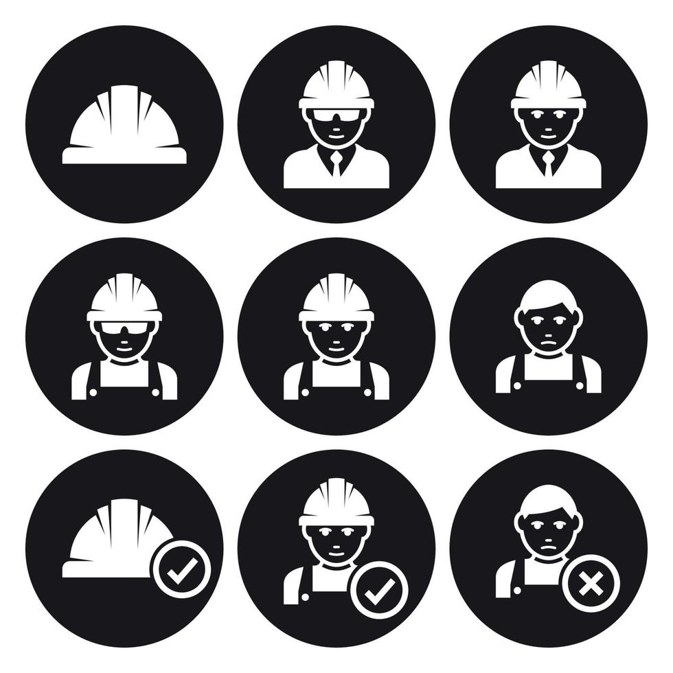 iconos de casco de trabajo. hombre con casco. blanco sobre un fondo negro vector