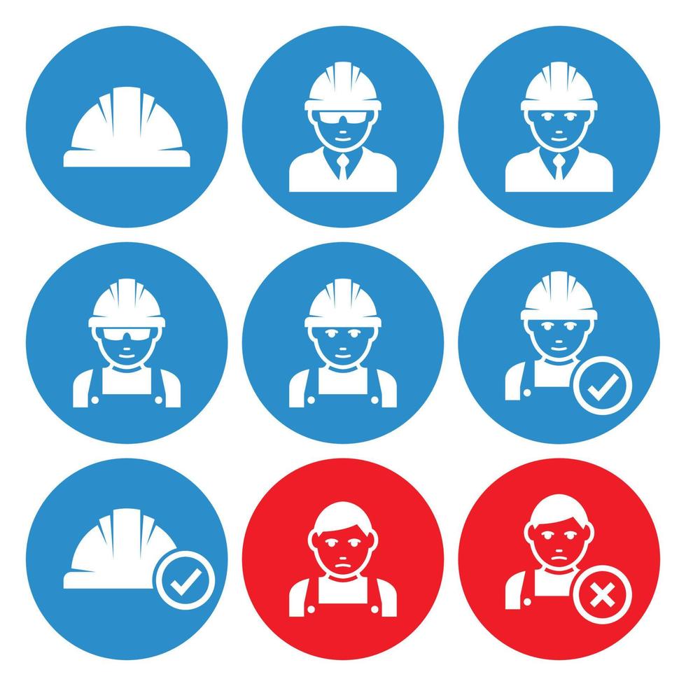 Work helmet icons. Man in helmet. White on a blue and red background vector