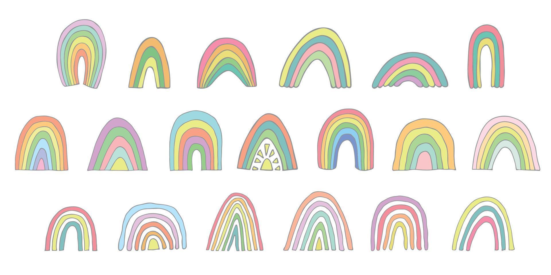 conjunto de arco iris pastel dibujado a mano. elementos decorativos para la impresión de tarjetas de felicitación, niños y ropa de bebé vector