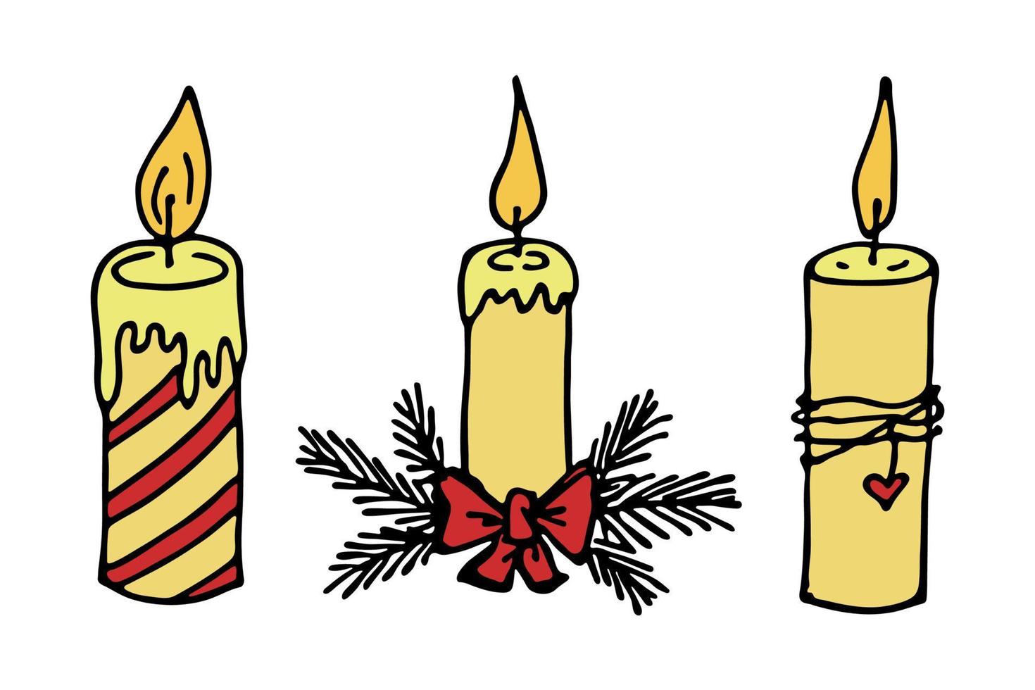 Burning christmas candle with spruce branches. Single doodle illustration. Hand drawn clipart for card, logo, design vector