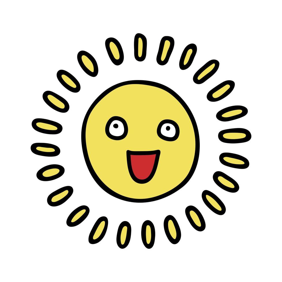 Hand drawn happy sun emoji. Summer doodle. Single vector element for design
