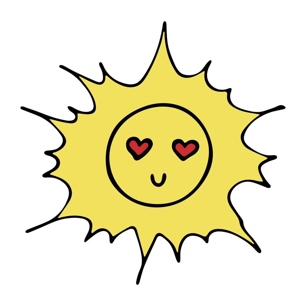 Hand drawn happy sun emoji. Summer doodle. Single vector element for design