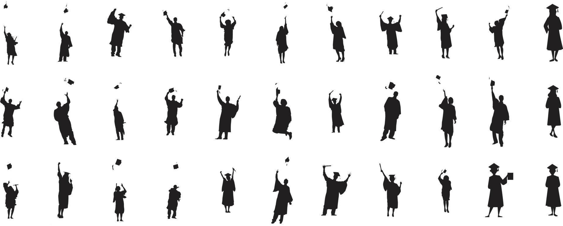 Happy graduate students with graduating caps and diploma or certificates, silhouette of group of people. Graduation event. Vector illustration