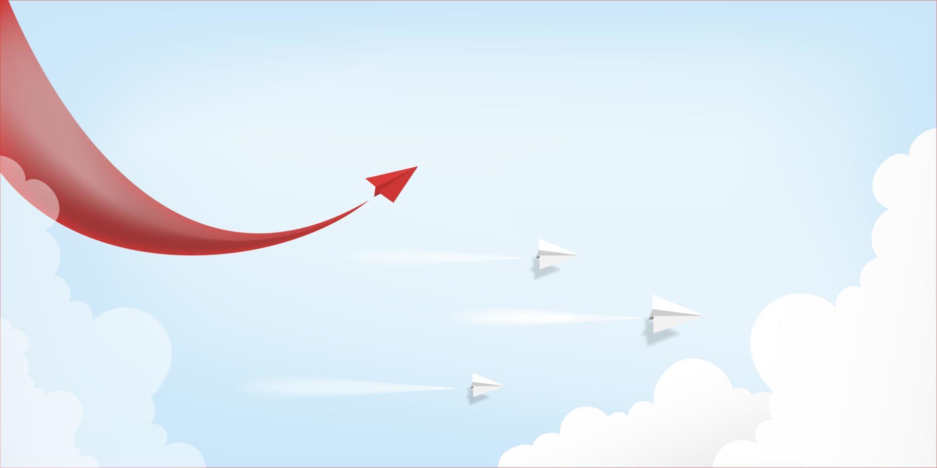 Red paper airplane leader flying on blue sky background. Creative concept idea of  business success and leadership in paper craft art style design .Vector illustration vector