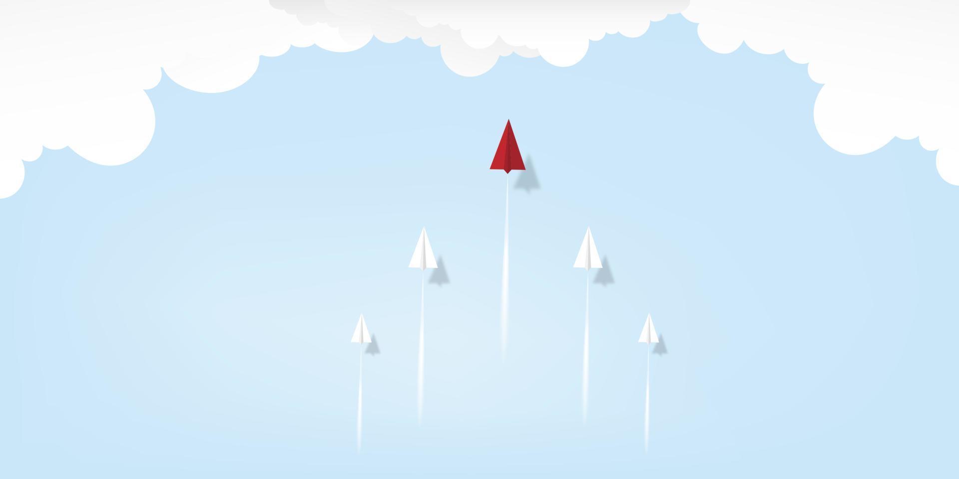 Red paper airplane leader flying on blue sky background. Creative concept idea of  business success and leadership in paper craft art style design .Vector illustration vector