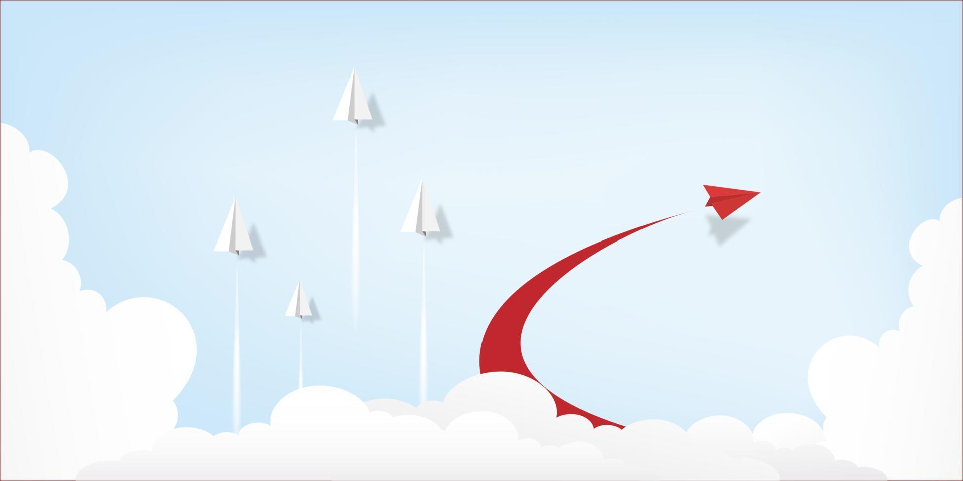 Red paper airplane leader flying on blue sky background. Creative concept idea of  business success and leadership in paper craft art style design .Vector illustration vector