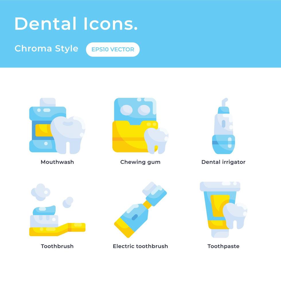 Dental care icons set with flat color style with mouthwash, chewing gum, dental irrigator, toothbrush, toothpaste vector
