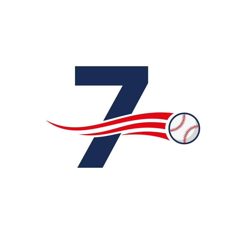 letra inicial 7 concepto de logotipo de béisbol con plantilla de vector de icono de béisbol en movimiento