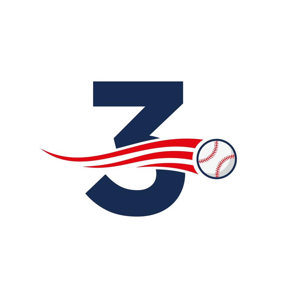 letra inicial 3 concepto de logotipo de béisbol con plantilla de vector de icono de béisbol en movimiento
