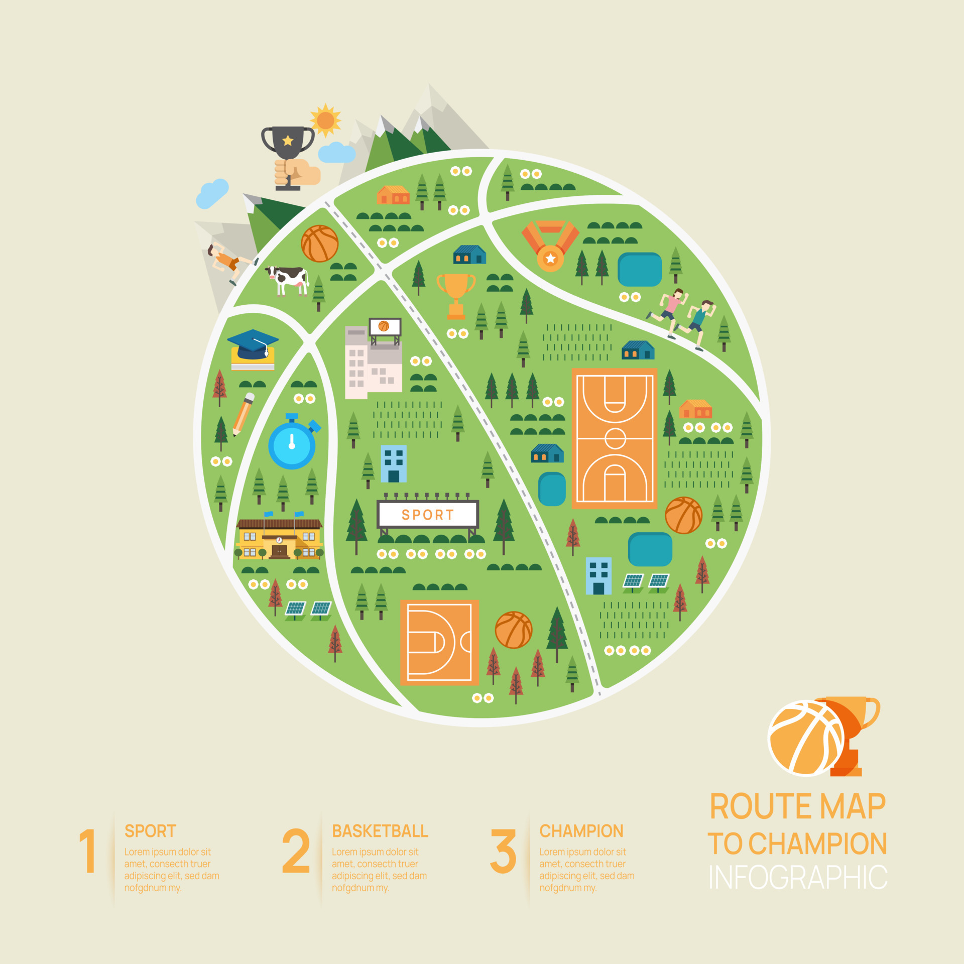 Basketball road map timeline infographic template. Sport milestone