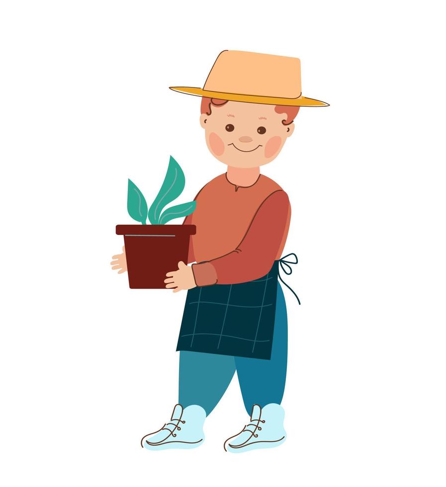 jardinero de niño pequeño con sombrero y delantal sostiene una olla con plántulas. ilustración de dibujos animados de garabatos vectoriales. vector