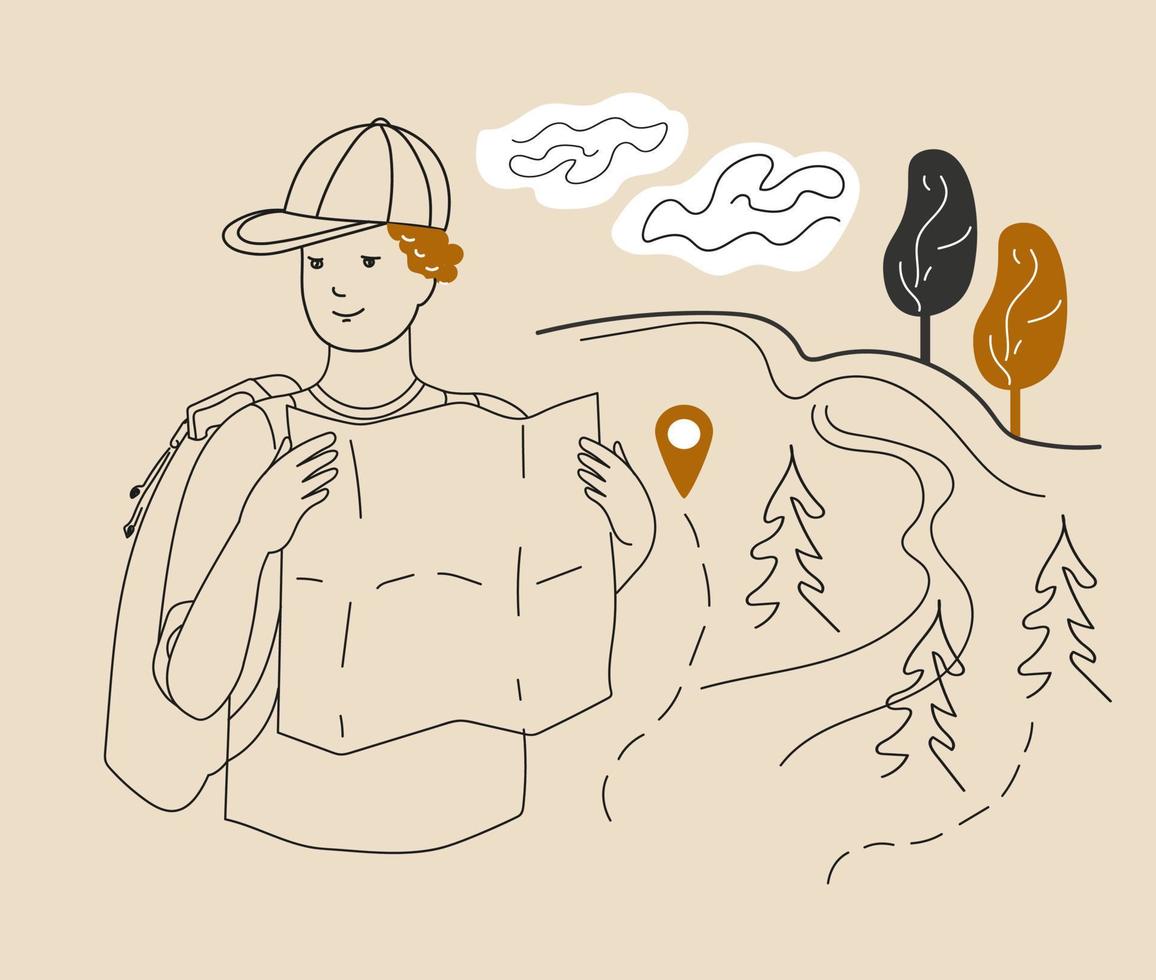 man tourist with rucksack holding map searching route. Vector doodle illustration.