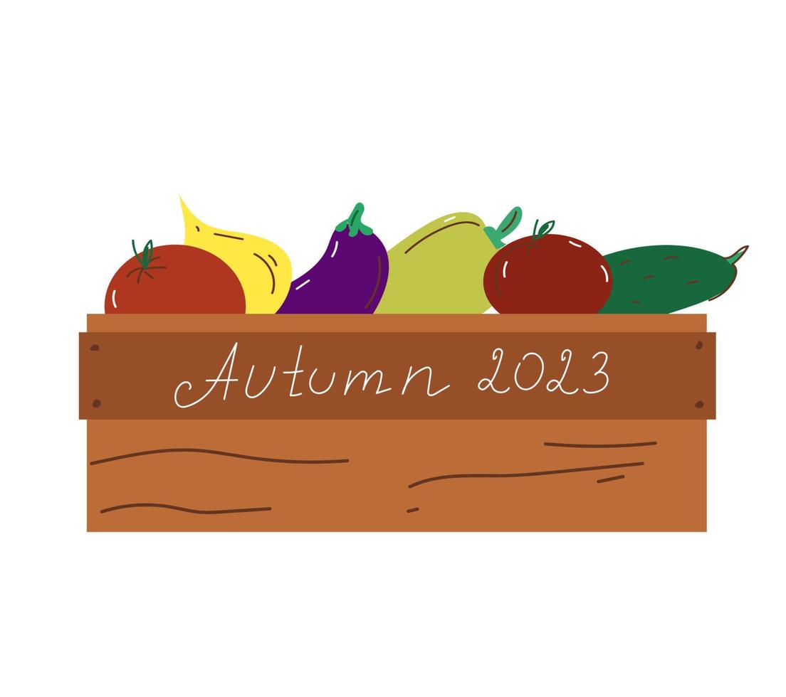 Vegetables in a wooden box. Autumn harvest garden .Vector doodle cartoon illustration Isolated over white background. vector