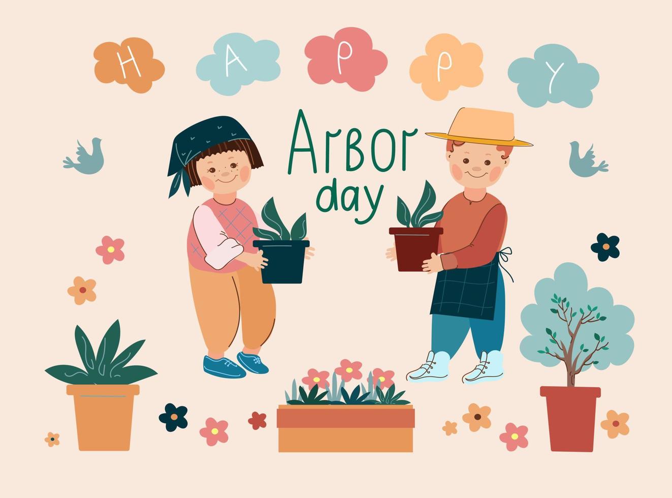 Arbor day. Children standing under a blooming tree preparing to plant saplings .Vector doodle cartoon illustration. vector