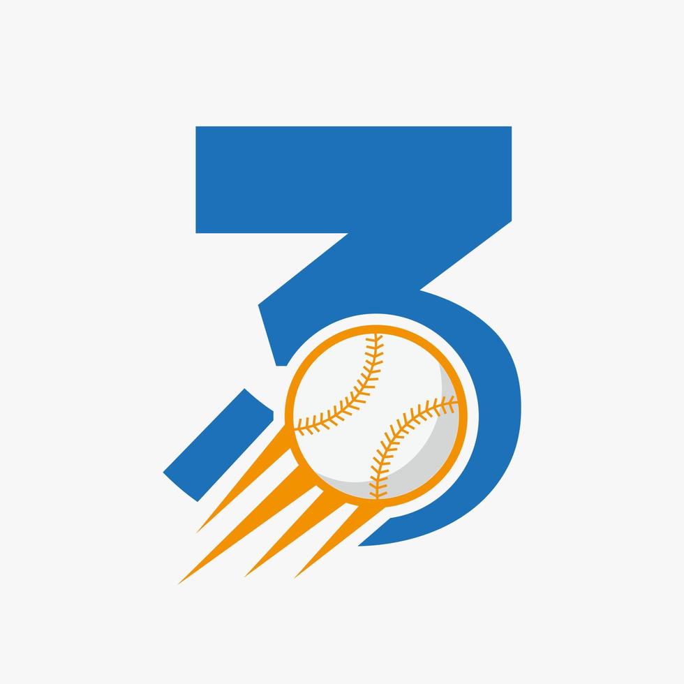 letra inicial 3 concepto de logotipo de béisbol con plantilla de vector de icono de béisbol en movimiento