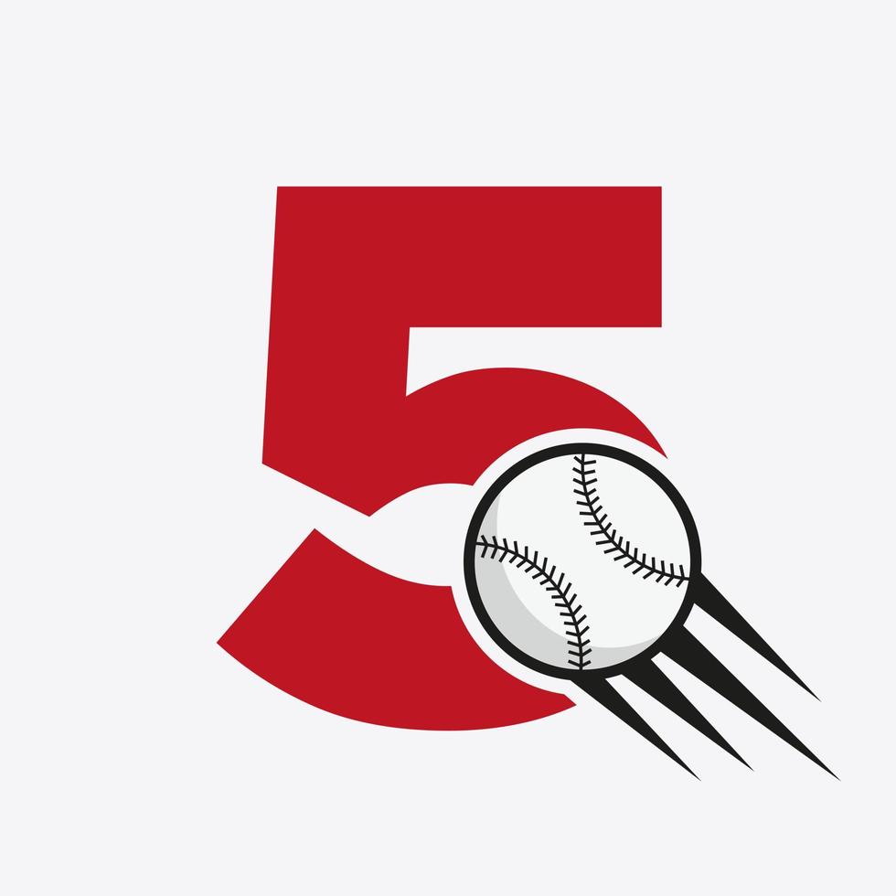 letra inicial 5 concepto de logotipo de béisbol con plantilla de vector de icono de béisbol en movimiento