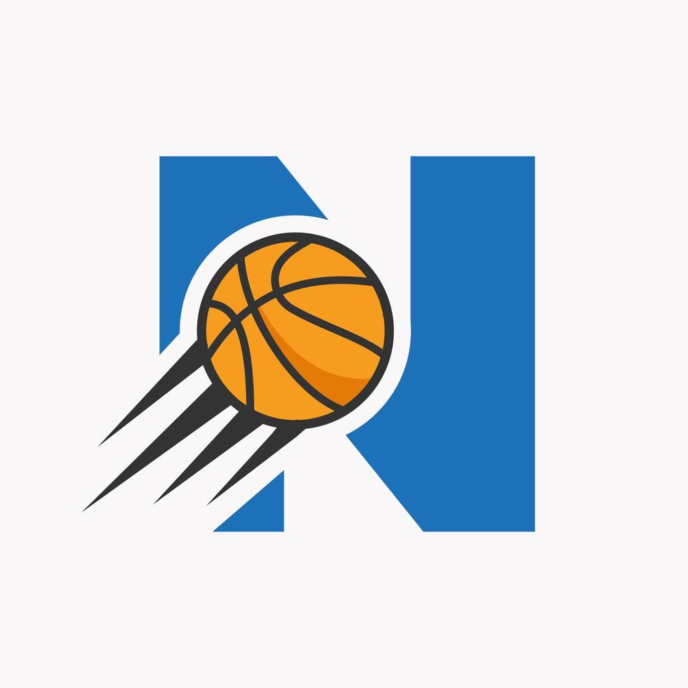 Initial Letter N Basketball Logo Concept With Moving Basketball Icon. Basket Ball Logotype Symbol Vector Template