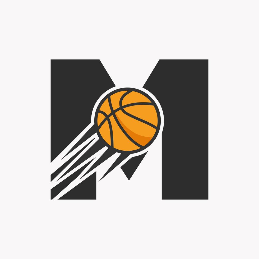 Initial Letter M Basketball Logo Concept With Moving Basketball Icon. Basket Ball Logotype Symbol Vector Template