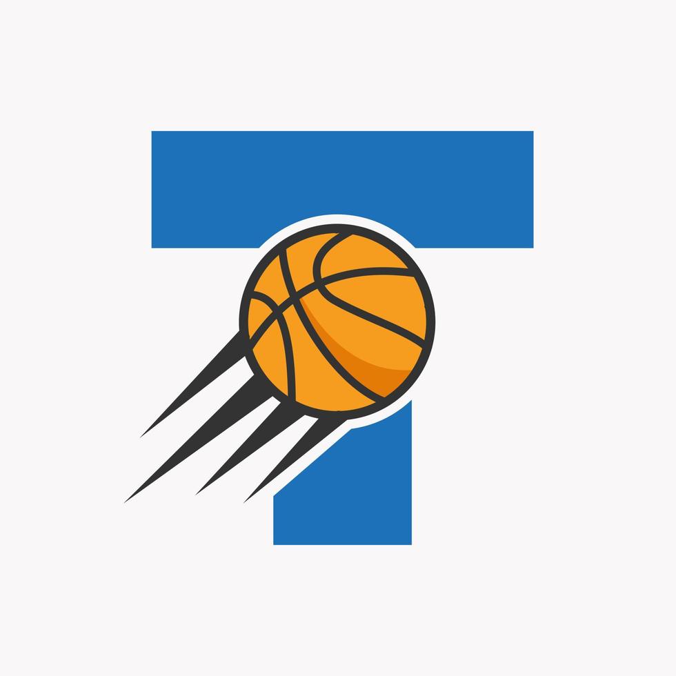 letra inicial t concepto de logotipo de baloncesto con icono de baloncesto en movimiento. Plantilla de vector de símbolo de logotipo de baloncesto