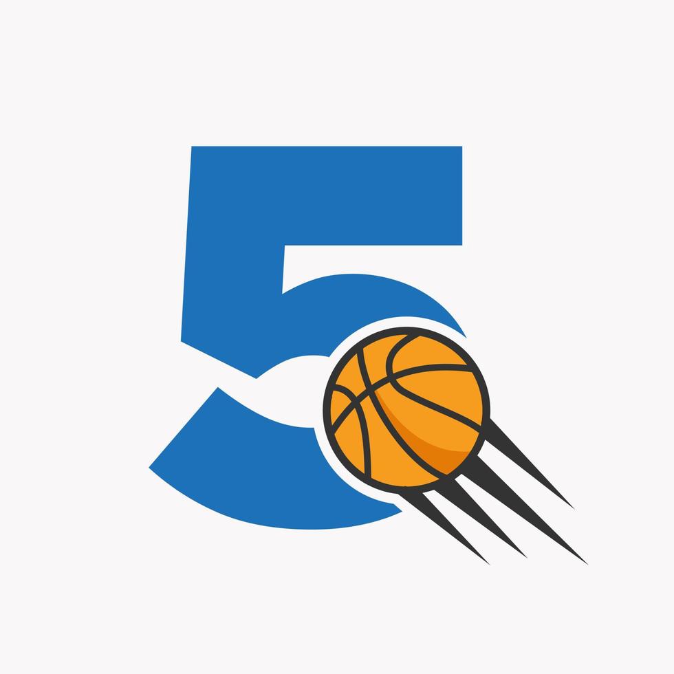 Initial Letter 5 Basketball Logo Concept With Moving Basketball Icon. Basket Ball Logotype Symbol Vector Template