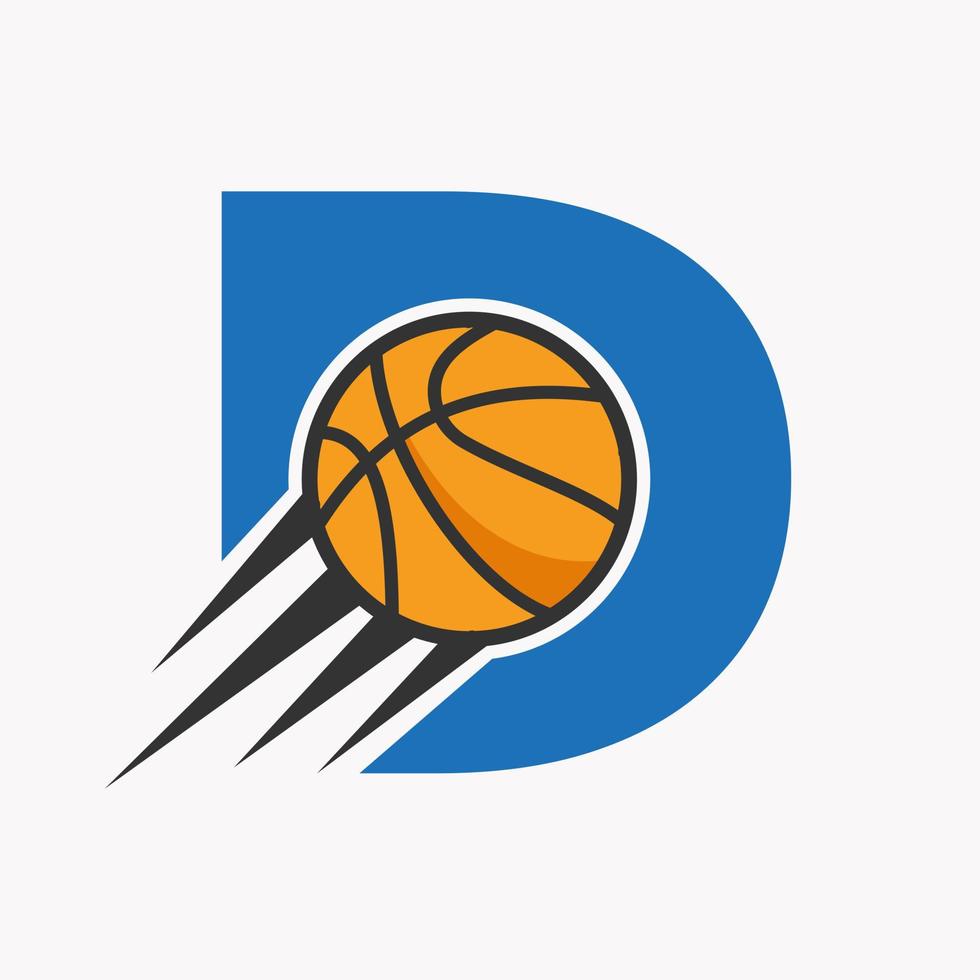 letra inicial d concepto de logotipo de baloncesto con icono de baloncesto en movimiento. Plantilla de vector de símbolo de logotipo de baloncesto