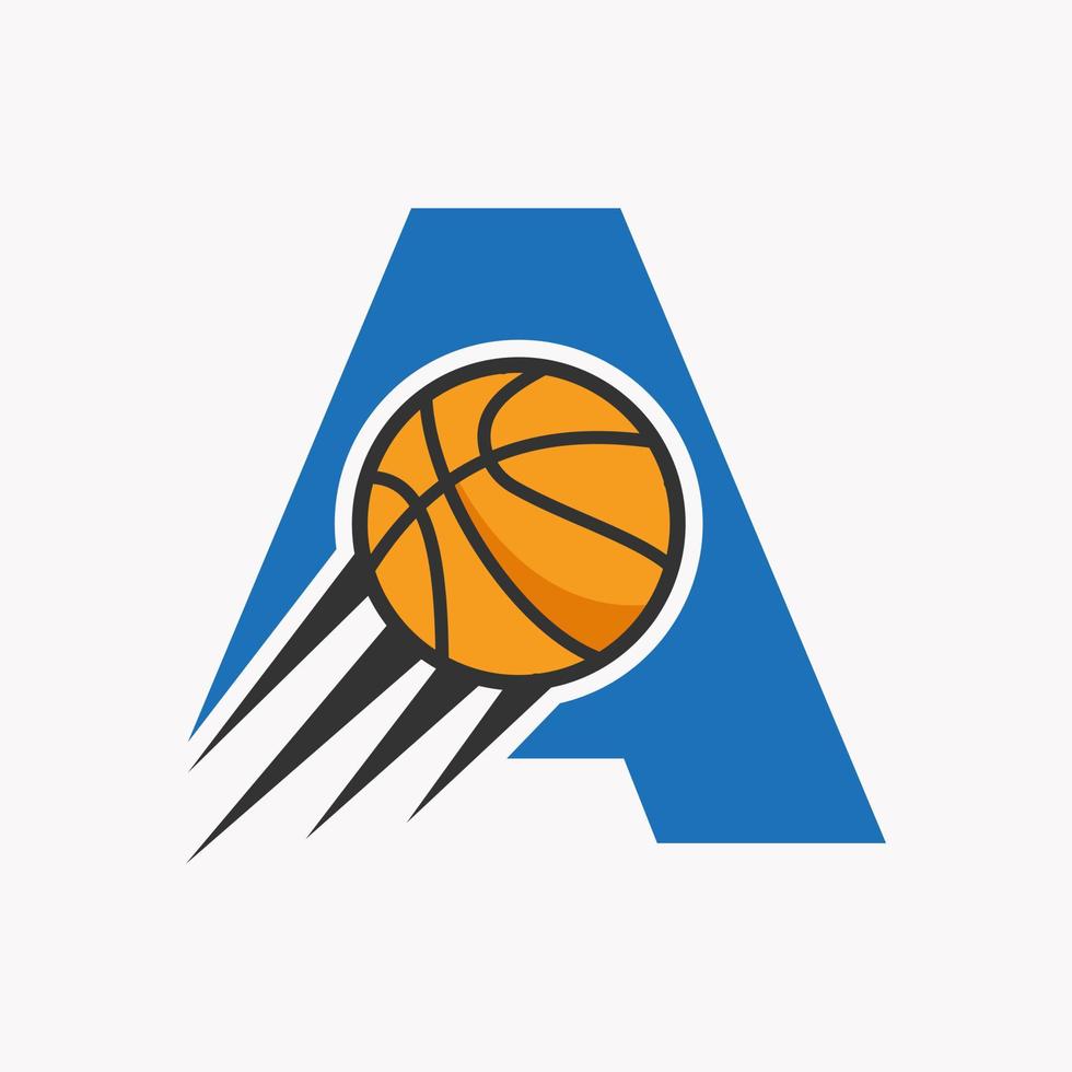 letra inicial un concepto de logotipo de baloncesto con icono de baloncesto en movimiento. Plantilla de vector de símbolo de logotipo de baloncesto