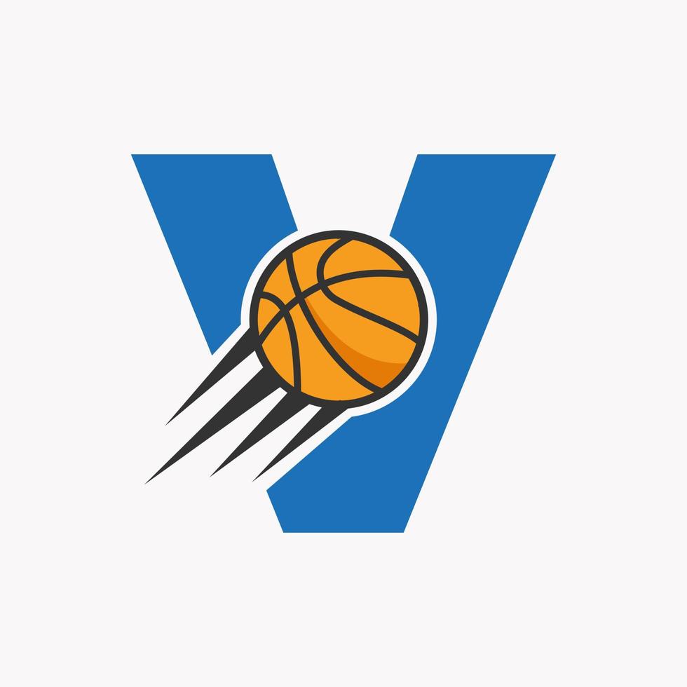 letra inicial v concepto de logotipo de baloncesto con icono de baloncesto en movimiento. Plantilla de vector de símbolo de logotipo de baloncesto