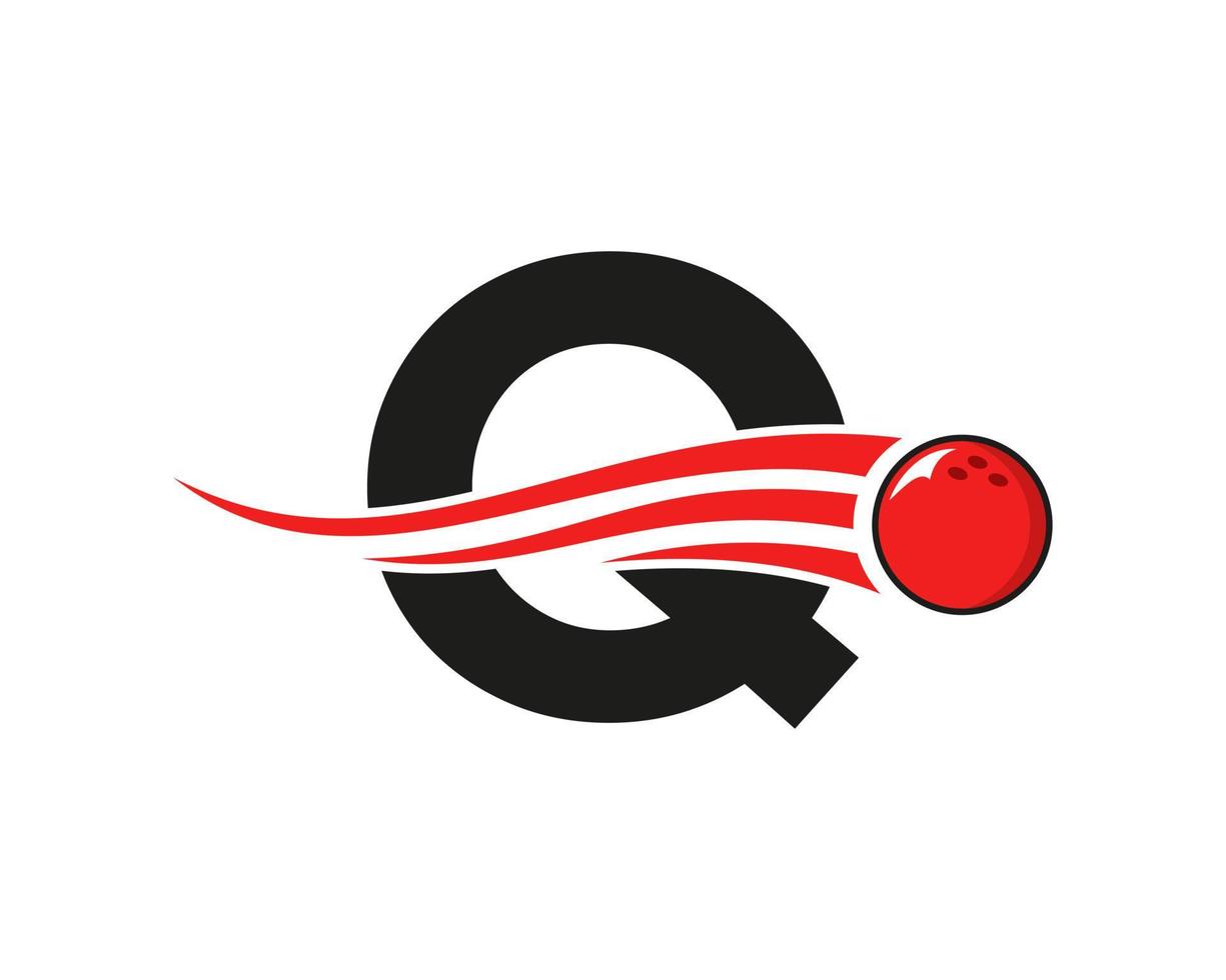 logotipo de bolos de la letra q. símbolo de bola de bolos con plantilla de vector de bola roja en movimiento