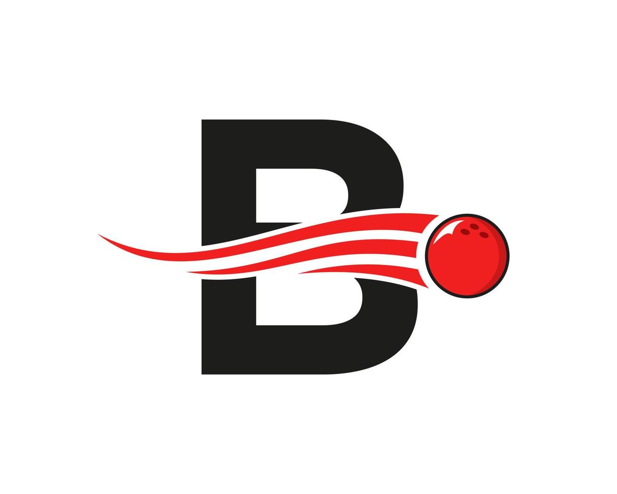logotipo de bolos de la letra b. símbolo de bola de bolos con plantilla de vector de bola roja en movimiento