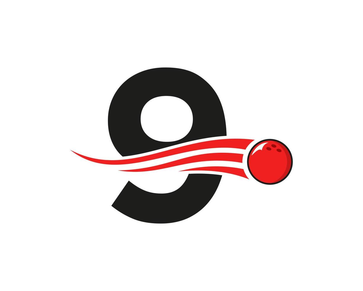 Letter 9 Bowling Logo. Bowling Ball Symbol With Red Moving Ball Vector Template