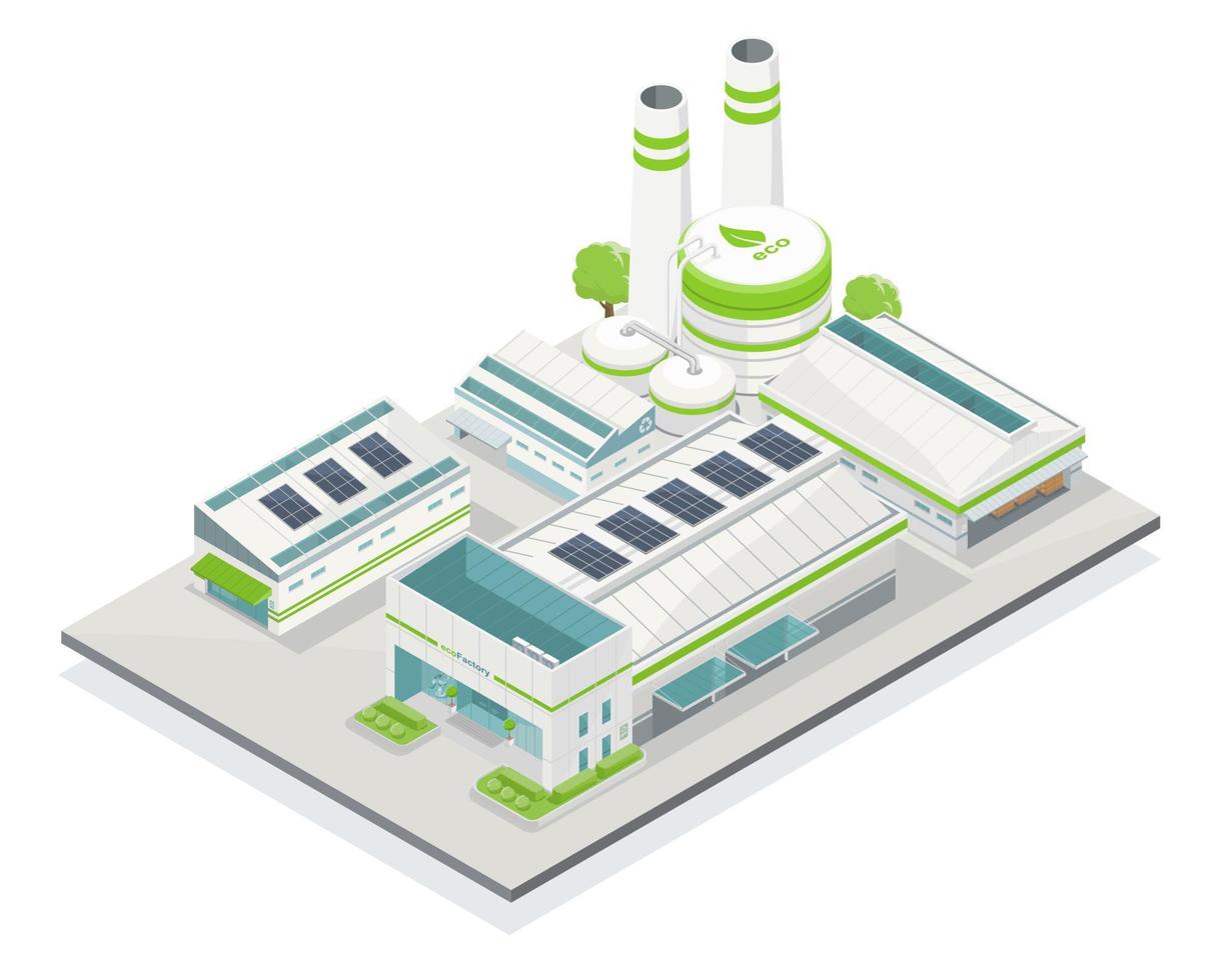 eco futura revolución industrial concepto de fábrica ecología para la industria con energía de celda solar concepto limpio aislar ilustraciones isométricas vector