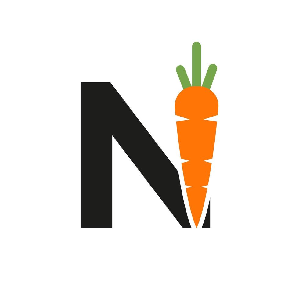 letra inicial n plantilla de vector de diseño de icono de zanahoria. alfabeto basado en el logotipo de zanahoria