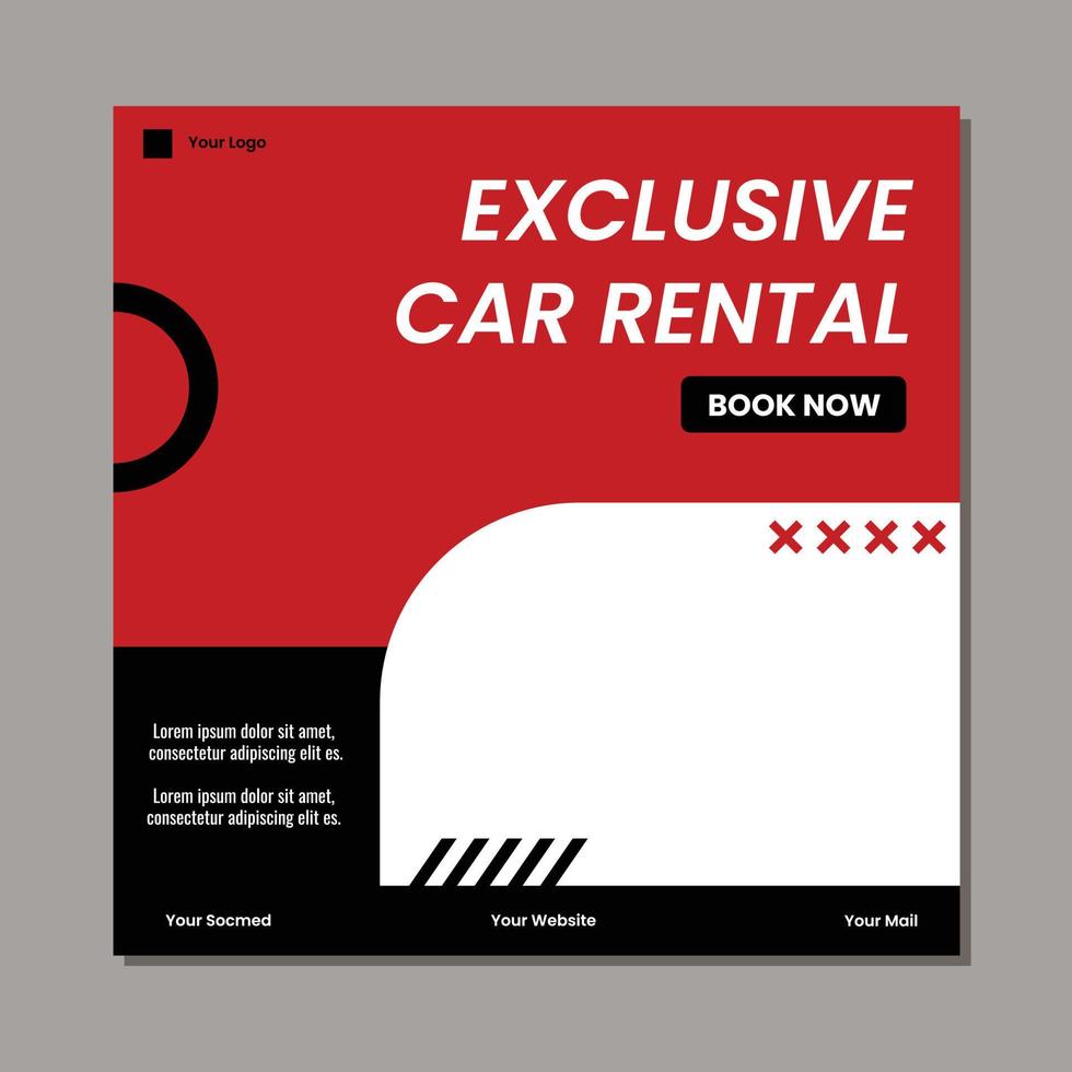 editable square banner template. Car rental banner with black and red color background. Flat design vector with photo collage. Usable for social media, story and web internet ads.