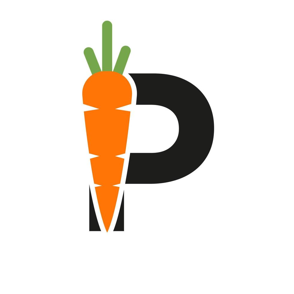 letra inicial p plantilla de vector de diseño de icono de zanahoria. alfabeto basado en el logotipo de zanahoria